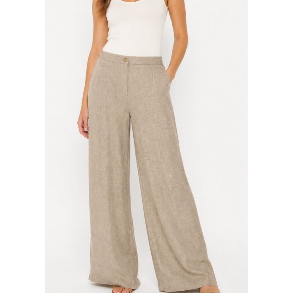 Women's 100% Silk Wide Leg Pants Beige Size 8 Textured Luxury Trousers